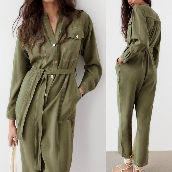 NEW Zara Olive Green Modal Long Sleeves Contrasting Topstitch Belted Jumpsuit S - Picture 3 of 9